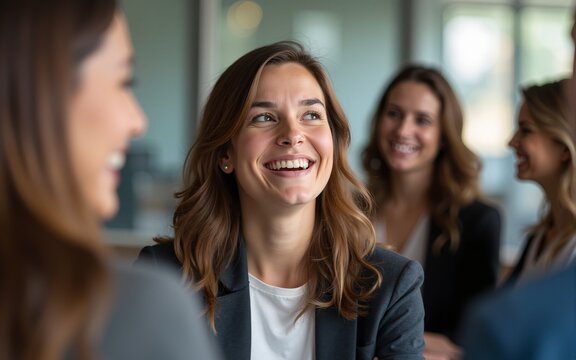 Happy team member at teamwork networking workshop social event for business finance and sales. High quality