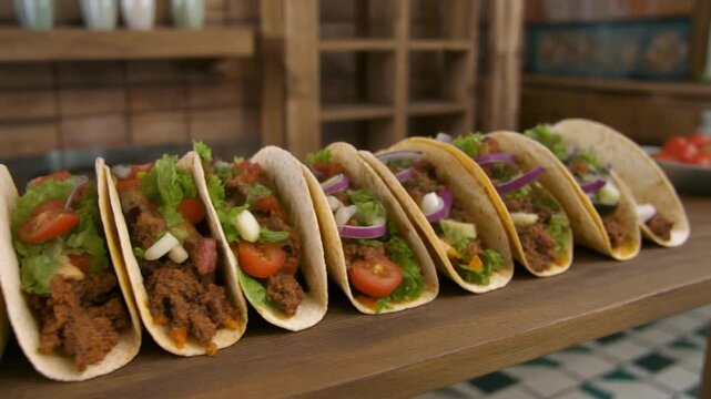 Row Of Delicious Tacos On Wooden Stand