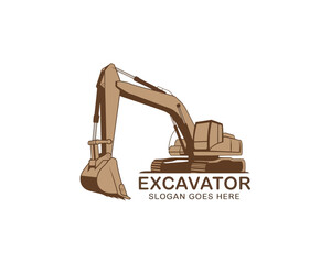 Illustration of an excavator with a slogan underneath and a brown color scheme on a white background 