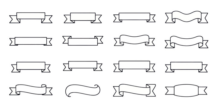 Collection of sixteen outlined banner shapes with various styles and ribbon ends arranged in rows and columns silhouette