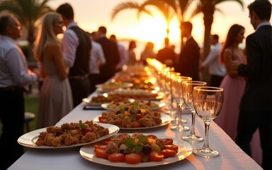 Elegant buffet table with gourmet appetizers and wine glasses at a sunset outdoor event. People socializing at a formal gathering. High quality