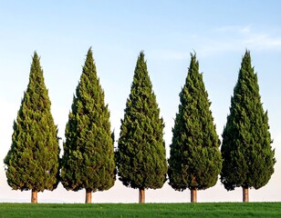 Five tall, green, cone-shaped trees stand in a row against a light blue sky, set on a green grassy hill