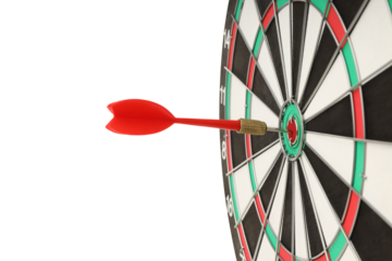 A red dart hits the center of a dartboard, isolated on white, PNG