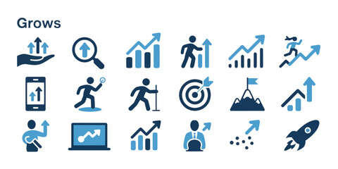 Fototapeta premium Collection of business growth icons showing upward trends targets and people achieving success and goals silhouette