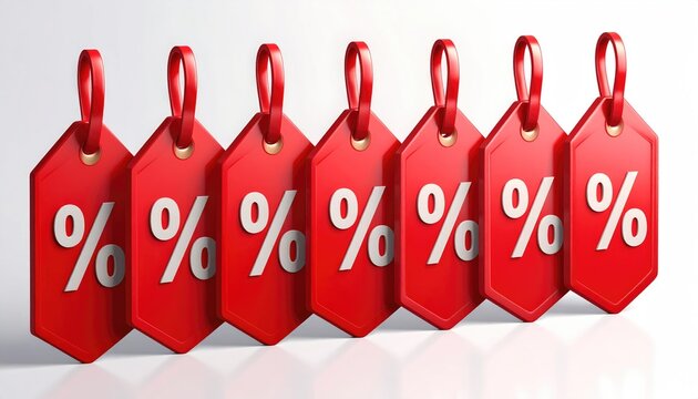 Red tags with white percent signs, glossy surface