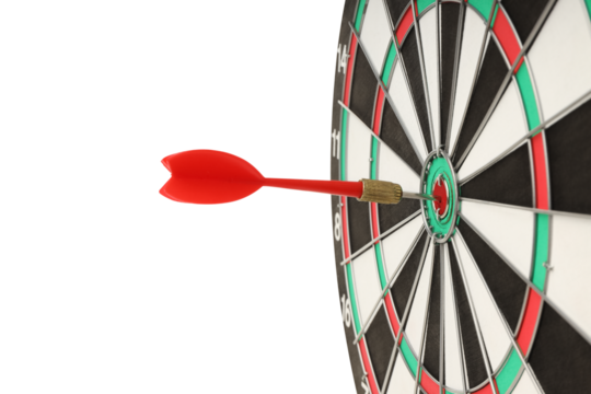 A red dart hits the center of a dartboard, isolated on white, PNG - Powered by Adobe