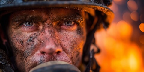 A powerful and heroic close-up portrait of a firefighter wearing a helmet, his face covered in soot and sweat.