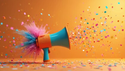 Megaphone explodes with vibrant color powder and confetti. Announcement or celebration concept with bright party streamers and loud communication symbol. Joyful abstract.
