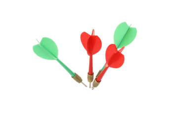 Four brightly colored dart arrows ready for play, isolated on white, PNG