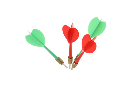 Four brightly colored dart arrows ready for play, isolated on white, PNG
