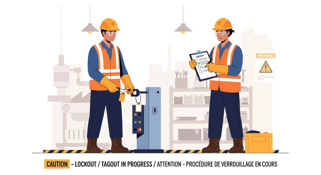 Industrial safety procedure in progress Two skilled workers meticulously performing lockout tagout to ensure machine maintenance and workplace security in a manufacturing environment