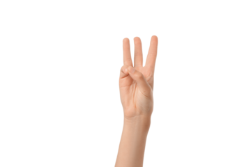 Hand displaying three fingers in a clear manner, isolated on white, PNG
