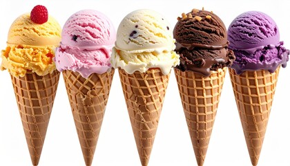 Five colorful ice cream cones lined up on a white background
