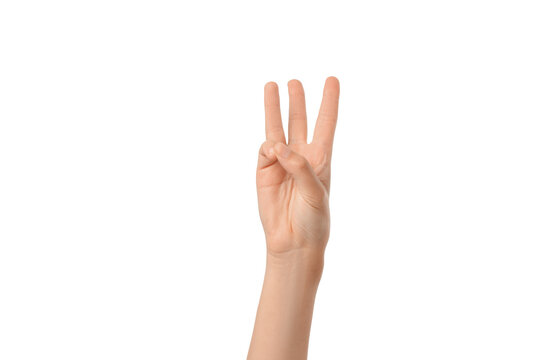 Hand displaying three fingers in a clear manner, isolated on white, PNG