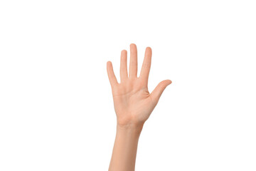 A hand raised, palm open, in a welcoming manner, isolated on white, PNG