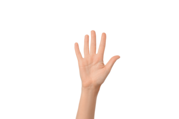 A hand raised, palm open, in a welcoming manner, isolated on white, PNG