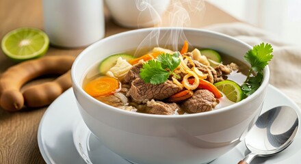 Delicious Beef Pho Soup with Fresh Herbs and Vegetables in White Bowl