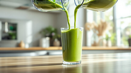 Pouring Fresh Green Smoothie into Glass for Healthy Breakfast or Snack healthy eating
