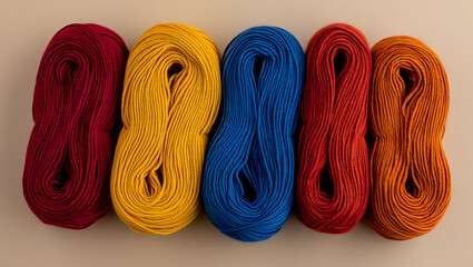 A simple, colorful arrangement of five skeins of yarn in a horizontal line.