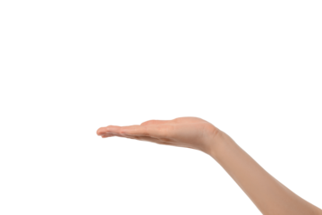Hand extended, ready to present, isolated on white, PNG