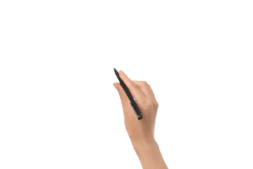 Hand poised with a pen against a white backdrop, isolated on white, PNG