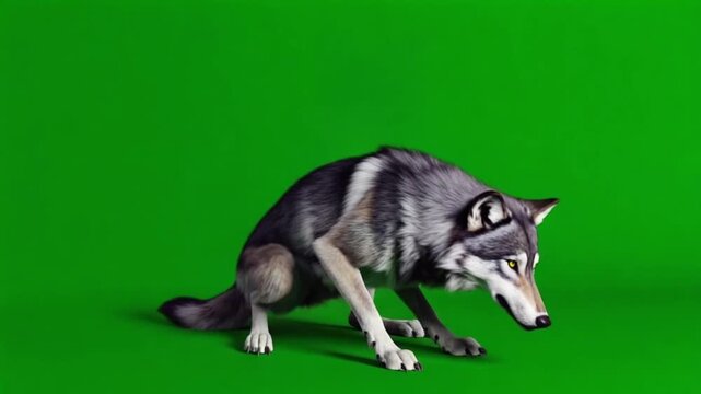 A wolf sitting upright with closed eyes on a green screen looking relaxed and peaceful in studio shot green screen wolf video