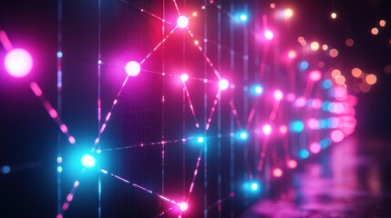 Abstract network of glowing nodes, connected by lines, lit in pink and blue