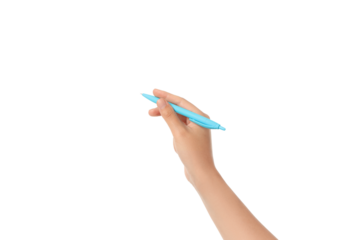 Hand positioned with a blue pen ready for writing, isolated on white, PNG