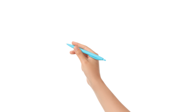 Hand positioned with a blue pen ready for writing, isolated on white, PNG