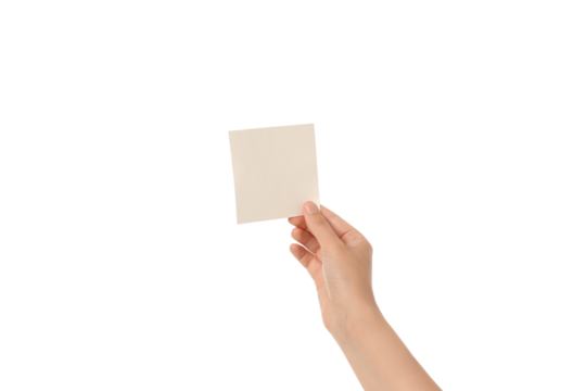 Hand holds blank square cutout, isolated on white, PNG