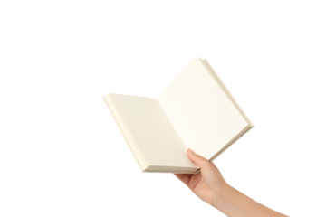 Someone holds a blank book open with one hand, isolated on white, PNG