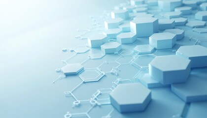 Abstract 3D render shows interconnected blue hexagons forming a molecular structure. This clean geometric pattern suggests science, medicine, and innovation in digital art. Use for tech concepts.