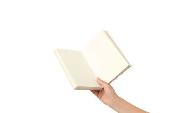 Someone holds a blank book open with one hand, isolated on white, PNG