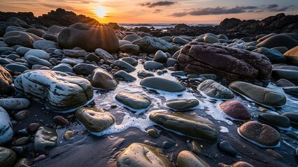 Rocky Beach at Sunset - A Serene Coastal Landscape.