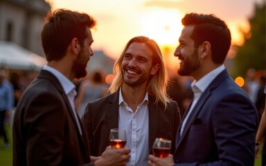 Cordial Conversations: Captivating image of three individuals engrossed in a dynamic business discussion during an evening outdoor event, embodying the essence of networking and professional rapport.