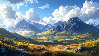 The Scottish Highlands skyline, as depicted in this digital illustration, captures
