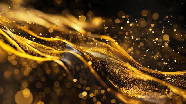 Glittering gold particles flow like liquid across dark velvetluxurious macro background for premium product reveals, jewelry branding, and glamorous event openers.
