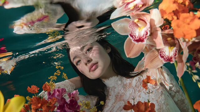 Ethereal underwater portrait of a woman drifting through blossoms, soft light and delicate petals creating a dreamy fashion tableau that blends beauty, serenity, and fine‑art storytelling in one mesme