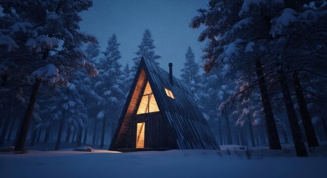 Cozy wooden cabin in winter forest under a starry night sky with warm light glowing from the windows - Powered by Adobe