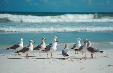 Flock of seagulls on white sand beach near ocean waves. Birds stand close together by blue sea under bright sunny sky. Nature scene with wild seabirds.
