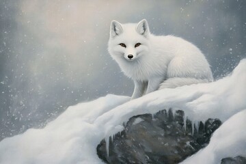 Arctic fox with white fur blending into the snowy landscape