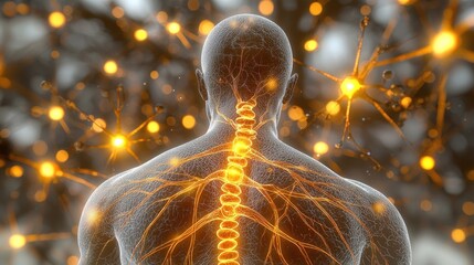 Back & spine with glowing nerves/pathways network, ethereal depth of field