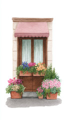 Fototapeta premium Charming Floral Window Display: A Colorful Garden Scene with Blooming Flowers and a Cozy Atmosphere for Home Decor Inspiration