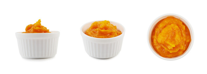 Pumpkin puree in bowl, three types of view