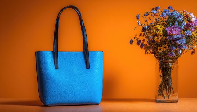 Azure tote and colorful wildflower bouquet on orange background - Powered by Adobe