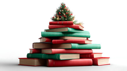 stack of christmas books top with Christmas tree on white background 