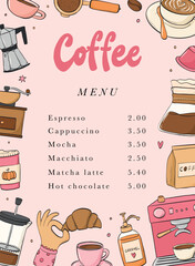 Coffee poster, banner, print, card, menu page decorated with doodles frame and lettering on pink background. EPS 10