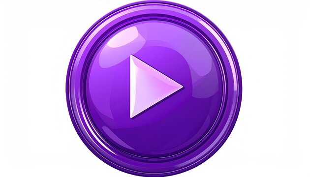 Purple play button, glossy, shiny, centered on white
