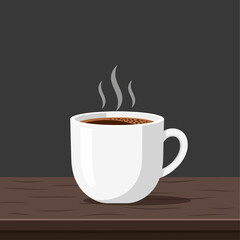 Illustration of a white coffee cup with steam on a wooden table.