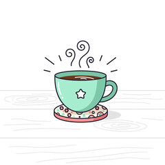 A cute cartoon illustration of a steaming green coffee cup with a star on a colorful coaster.
